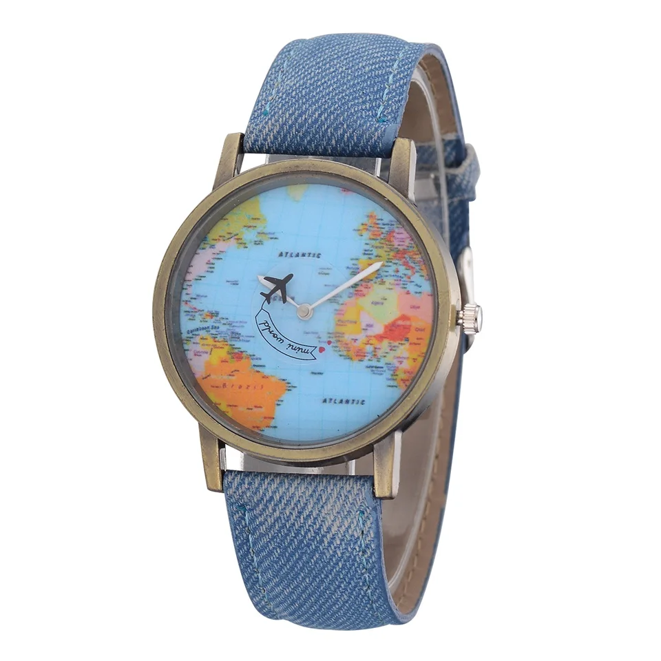 

Dropshipping Fashion Global Travel By Plane Map Men Women Watches Casual Denim Quartz Watch Casual Sports Watches for Men