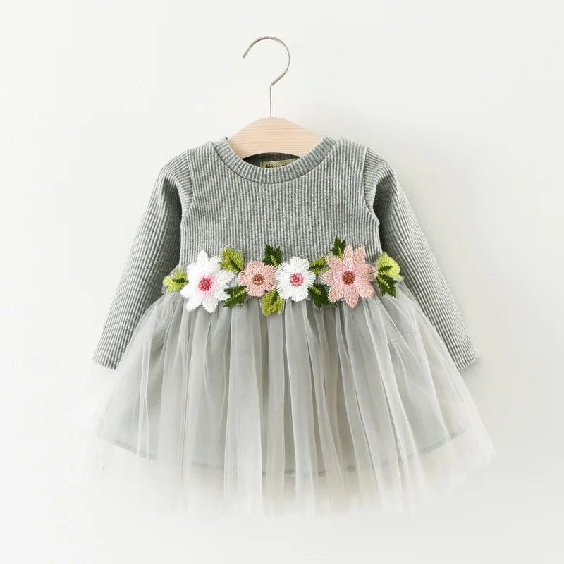 

Autumn Girls Dress Long Sleeve Flower Tutu Dress for Girls Kids 3D Flower Knitted Tulle Dress Vestido Baby Clothes D0559