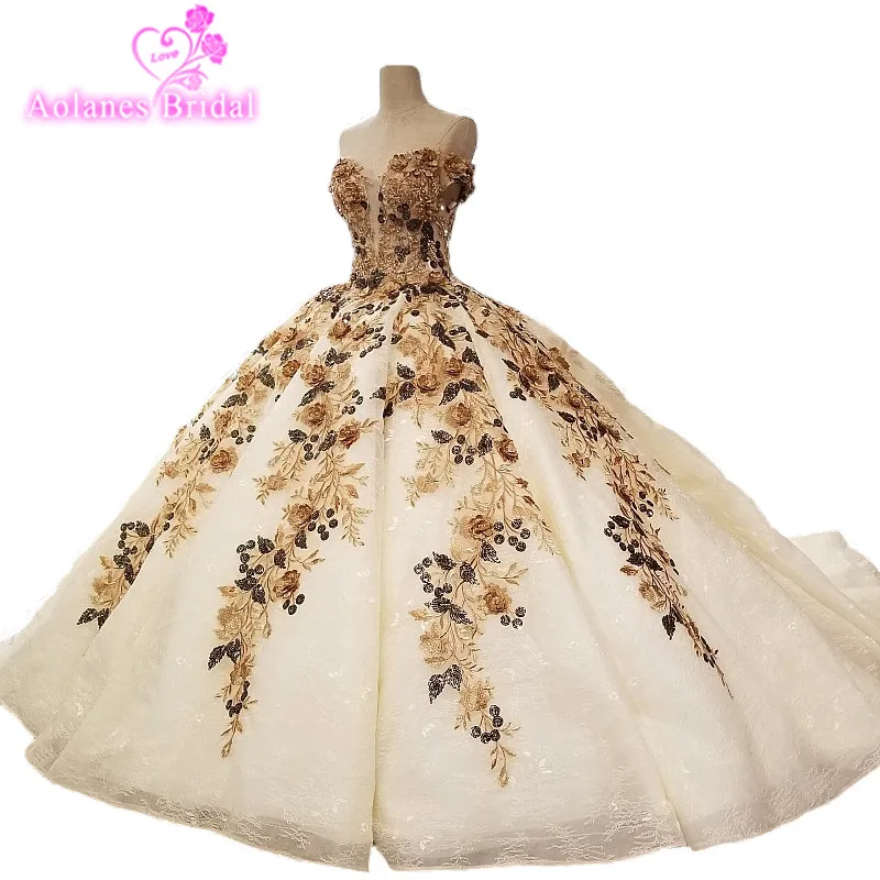 

AOLANES 2018 Luxury Champagne Tulle Wedding Dresses Sleeveless Sweetheart Cathedral Train Off The Shoulder Bride Dress Real