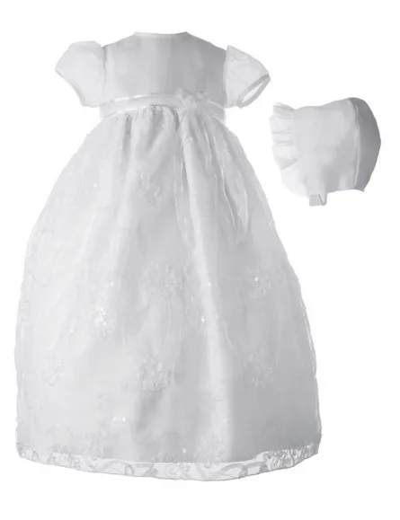 

2016 New Todder WITH BONNET Baby Infant Christening Dress Baptism Gown Girl Boy Lace Applique Sash 0 3 6 9 12 18 24month