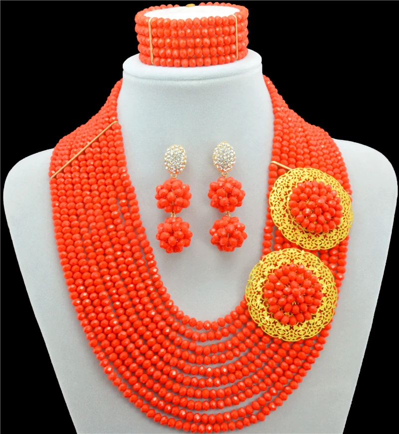 

Red Statement Necklace Nigerian Wedding African Beads Jewelry Set Costume Jewellry Sets Gold-color Free Shipping 2016