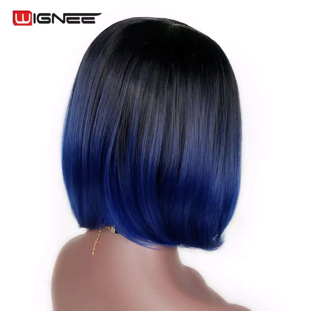 Wignee Ombre Color Azul Pelo Liso Corto Peluca Sintética De