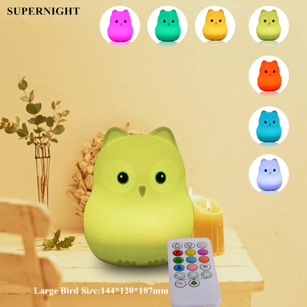 

SuperNight Cute Owl Bird Penguin LED Night Light Touch Sensor 9 Colors Cartoon Silicone USB Children Kids Baby Bedside Lamp Gift