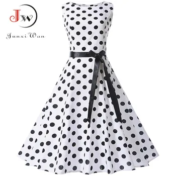 

Summer Dress Women Retro Floral Print Vintage Dress Belt White Polka Dot Sleeveless Elegant Party Dresses Sundress Robe vestidos
