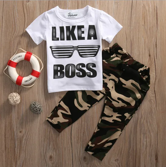 2pcs Kids Baby Boy Camouflage Outfits Clothes Sets LIKE A BOSS Print Short Sleeve T-shirt Tops+Camouflage Pants Cotton | Детская одежда