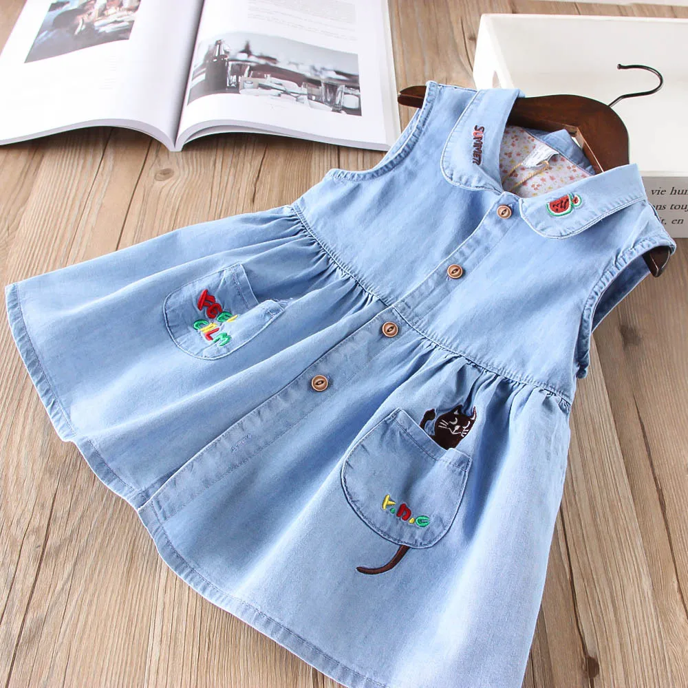 

Hurave New baby girls clothes Turn-down collar denim sleeveless button Kids Clothes cartoon embroidery causal pocket dresses