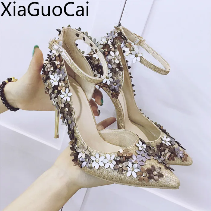 

Women's High Heels Shoes Sequins Flowers Single Female Pumps Shoes Female Pointed Toe Buckle Strap Stiletto Thin Heels Shoes