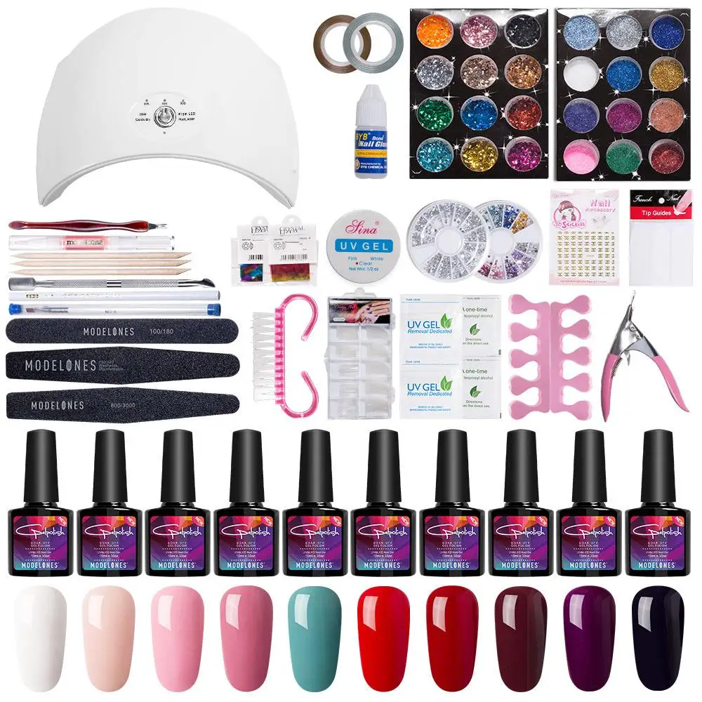 MODELONES дизайн ногтей Pro DIY полный набор отмачиваемый УФ-Гель-лак маникюрный набор 24 Вт отверждающая лампа набор Гель-лак для ногтей инструменты для дизайна ногтей