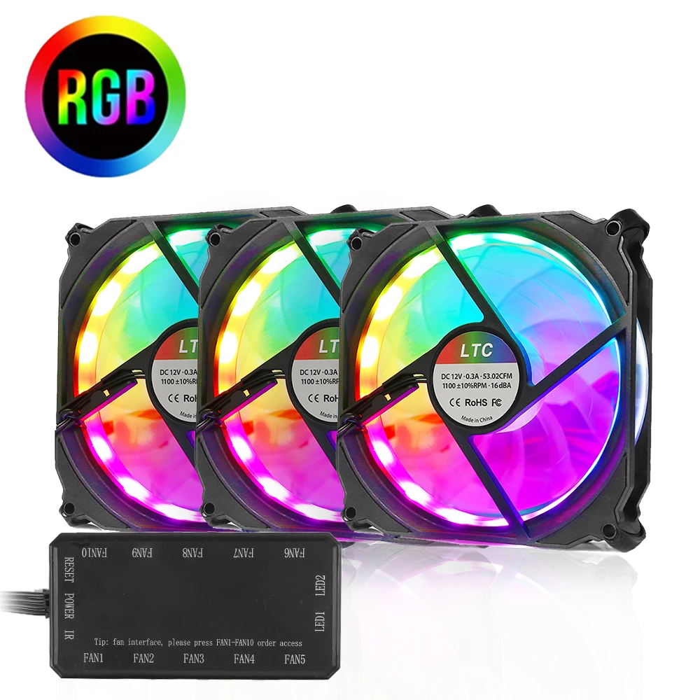 

LTC 3 Pack Computer Case 120mm RGB LED Adjustable Light Color Fans Cooler PC Case CPU Cooling Radiator with IR Remote Controller