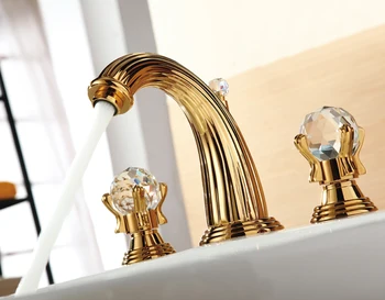 

FREE SHIPPING gold clour 3Pieces widespread bathroom basin faucet NEW WATERFALL SINK CRYSTAL FAUCET