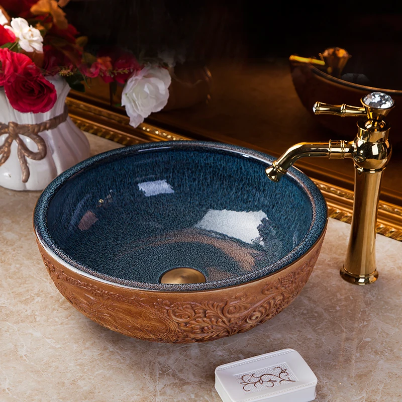 Creative home bathroom art pattern Bowl-shaped wash basin above counter top wash basin sinks chinese porcelain wash basin   (9)
