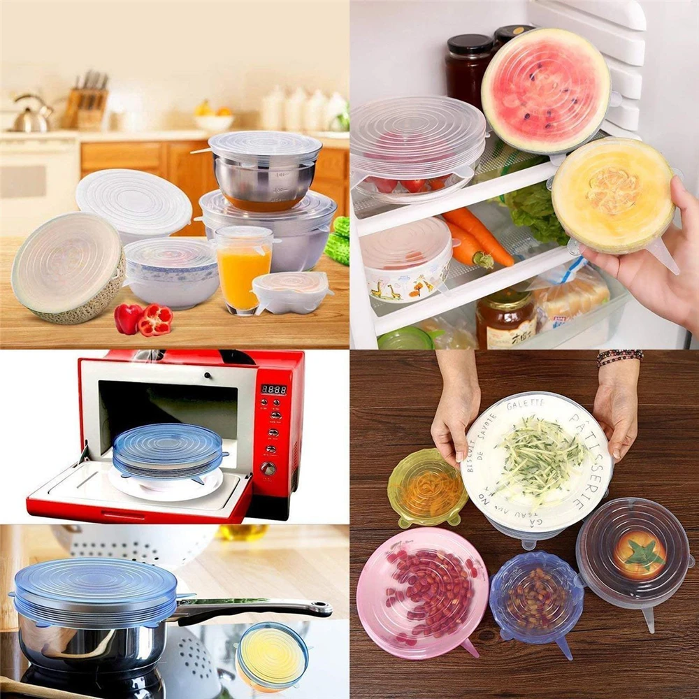6PCS Reusable Silicone Stretch Lids Keep Fresh Food Kitchen Storage Wraps Cover