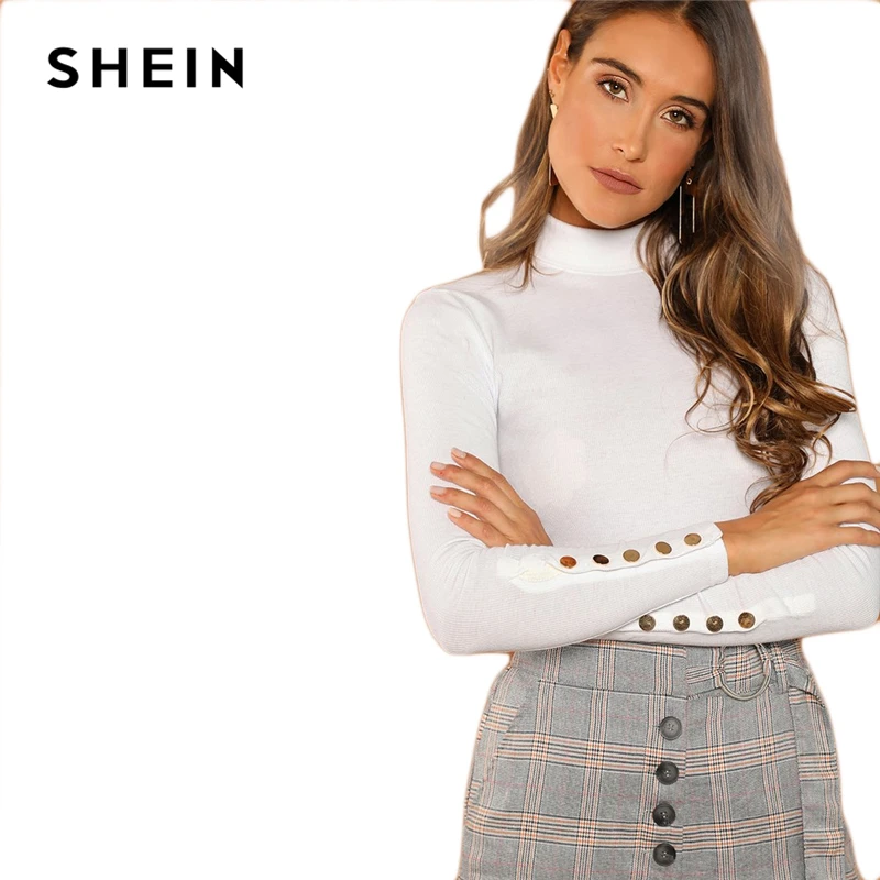 SHEIN Облегающий Топ С Длинным Рукавом Однотонная Водолазка Декоративными