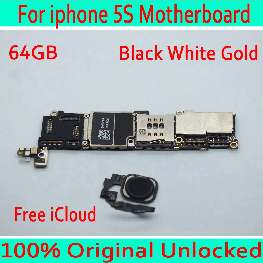 

64GB Black White Gold for iphone 5S Motherboard with Touch ID,100% Original unlocked for iphone 5S Mainboard with Free iCloud