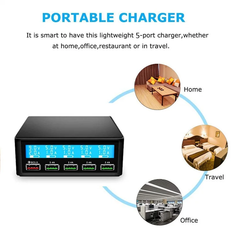Сетевое зарядное устройство Tongdaytech с 5 USB портами и ЖК дисплеем QC 3 0|Зарядные