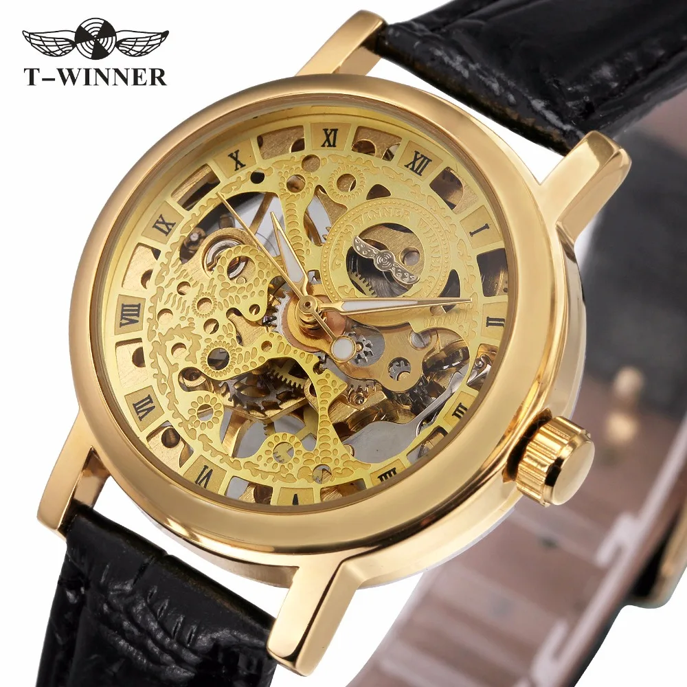 

WINNER Women Couple Luxury Mechanical Wrist Watch Leather Strap Retro Style Roman Number Skeleton Movement