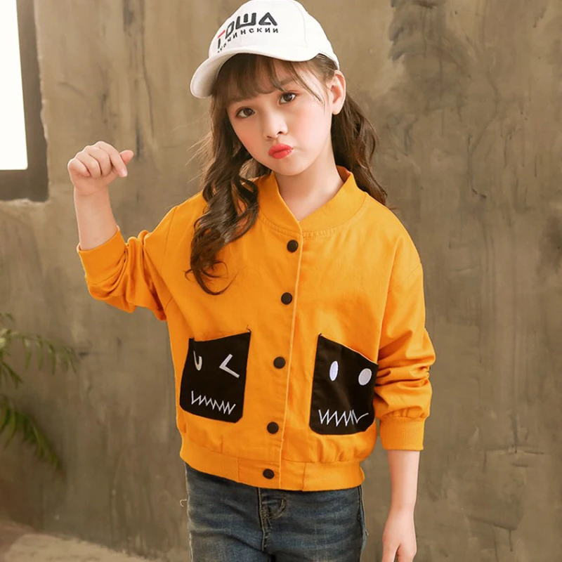 

Big Girls Coats Cartoon Buttons Spring Girl Jacets Long Sleeve Outfit Children's Jacket Overall Pockets Kids Girl Outerwear