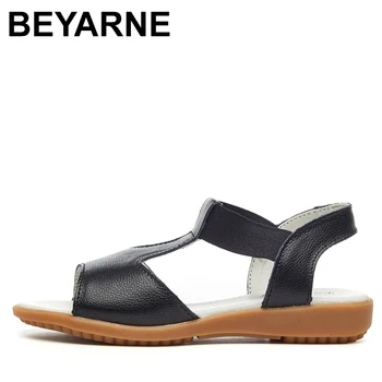 

BEYARNE Women Gladiator Sandals Shoes genuine Leather Band Slip on Casual Sandals Ladies open Toe Rome Flat Heel Sandals Black