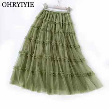 

OHRYIYIE Green Tulle Skirts Women 2020 Spring Summer Casual Tutu Skirt Female Elastic High Waist Mesh Skirt Jupe Longue Femme