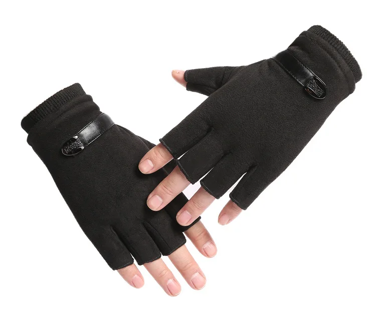 Осенне-зимние мужские перчатки с полупальцами, модные мужские перчатки, большие тянущиеся мужские плюшевые перчатки на запястье, бархатные Мужские рукавицы без пальцев - Цвет: Black