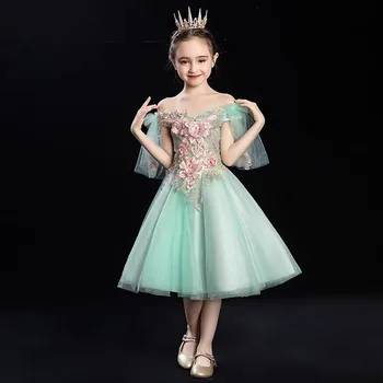 

Korean Sweet Little Girls Children Fashion Shoulderless Birthday Evening Party Fluffy Ball Gown Dress Toddler Infant Tutu Dress