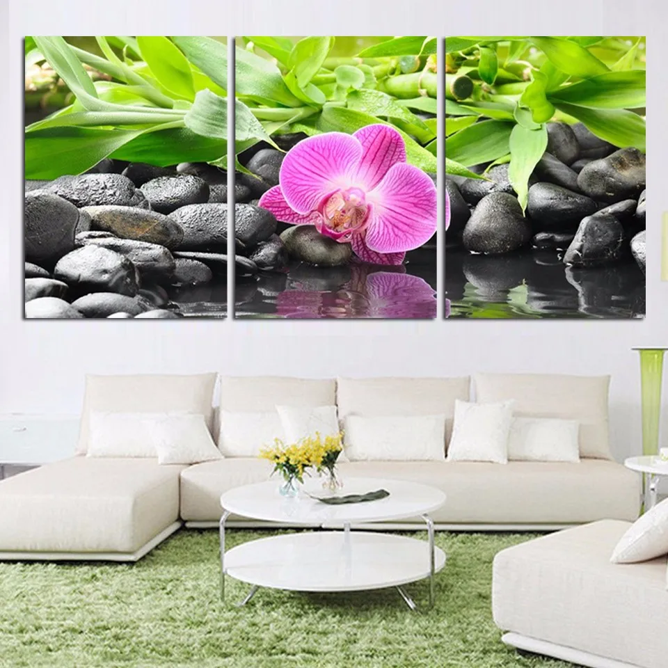 Home Decoration Posters Frame Living Room 3 Piece Flower And Black Stone Modern Painting On Canvas Wall Art Pictures HD Printed
