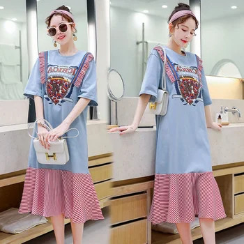 

Loose Letters Printed Ruffles dresses Women Spliced Cartoon Dress Summer Fashion Casual Cute Stripped Ladies clothes CC210