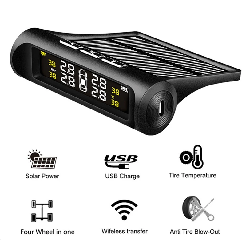 

Solar Power Car TPMS Tire Pressure Monitoring System Digital LCD Display Auto Security Alarm Tool Wireless 4 External Sensor