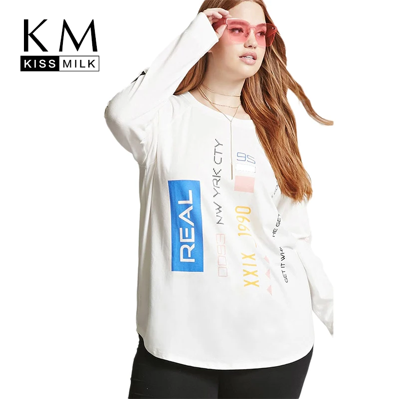 

Kissmilk Women Plus Size Letter Print Multi T shirt Round Neck Long Sleeve Loose Basic Tops Large Size Casual Female T Shirt