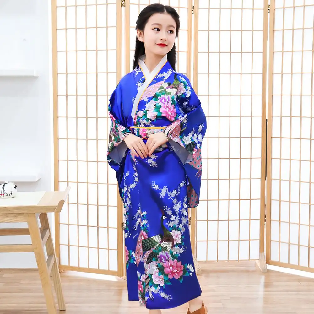 Традиционное японское кимоно красный юката чувство одежда с Оби Хэллоуин косплэй костюм классический печатных Павлин платье для девочек - Цвет: Royal Blue