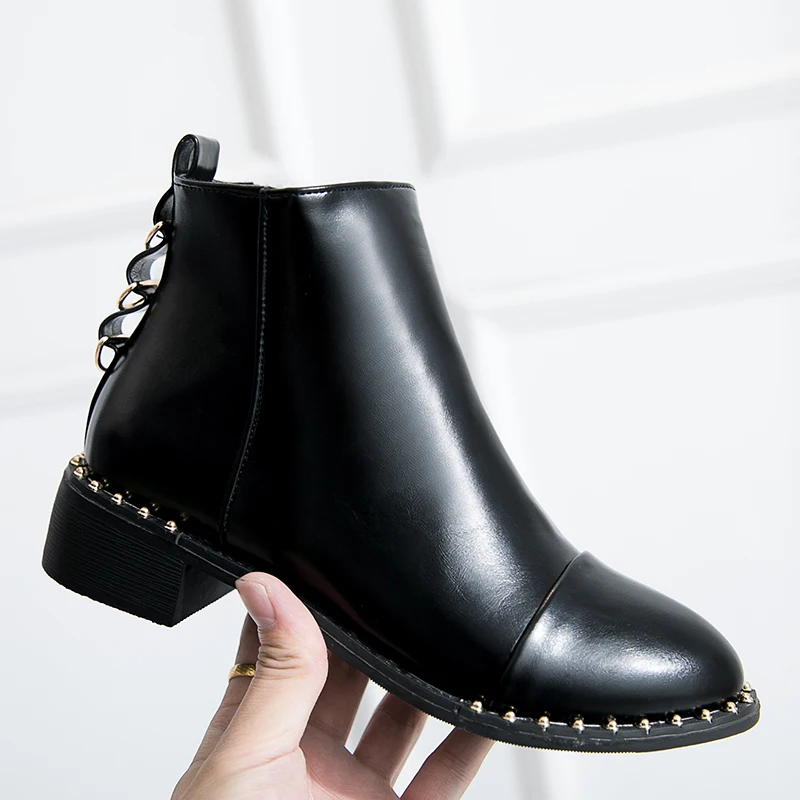

Ankle Boots for Women Fashion Rivets Leather Boots Female Thick Heels Short Booties Ladies Casual Footwear Botas Mujer Invierno