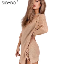 Sibybo бинты открыть Разделение пикантные Платья-свитеры Осенне-зимняя Дамская обувь с длинным рукавом вязаный Платья из хлопка Для женщин Тёплaя пoвсeднeвнaя oдeждa