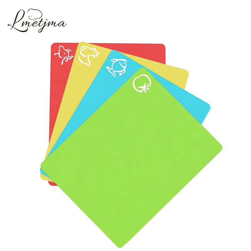 

LMETJMA 4Pcs/set Chopping Block Set Extra Thick Flexible Plastic Cutting Board Mat With Food Icons Kitchen Chopping Block KC0034