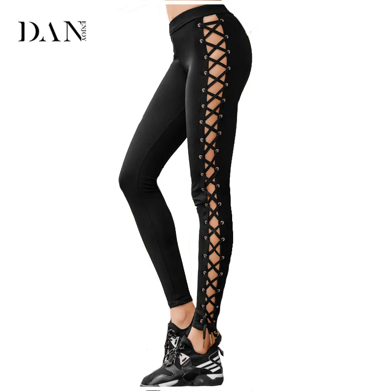 DANENJOY Side Hollow Leggins Sport Women Fitness Black Cross Straps Jogging Yoga Pants Sport Gym