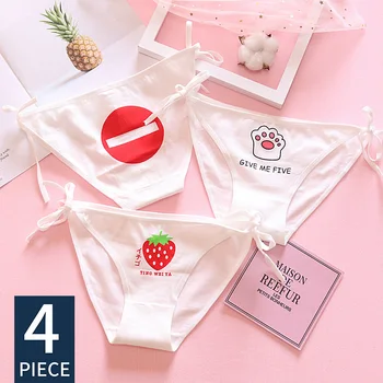 

4Pcs/Lot Women's Panties Cotton G String Tanga Adjustable Thong Briefs Stripe Funny Print Ladies Lingerie Female Underwear