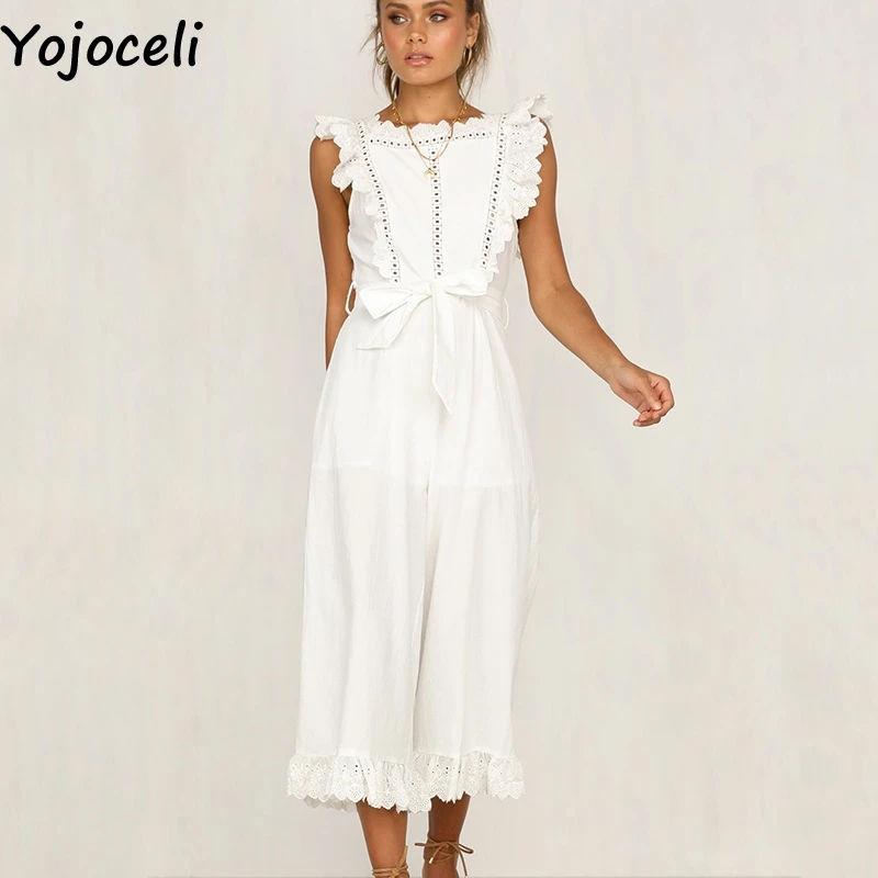 Yojoceli Sexy long white white jumpsuit romper Elegant party loose casual jumpsuit women Summer sleevelsss beach rompers