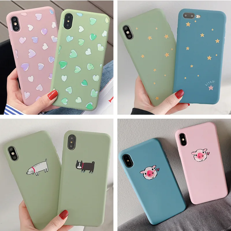 

Simple solid color cartoon phone case for iPhone X XS XR XSMax 8 7 6 6S PluS cute love soft silicone drop protection cover