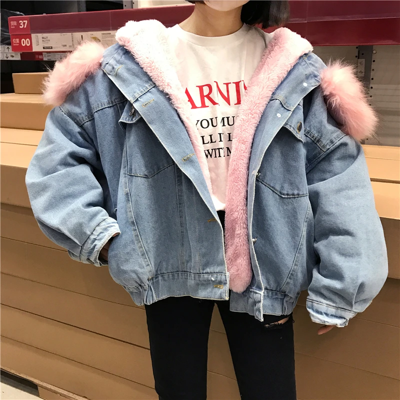 Blue Survêtement De Poitrine Mode Casual Fourrure Denim Velours Col Zx797 Femmes Confortable Épais Unique Lâche Femelle Plus Hiver Manteaux UqEHvSwnBH