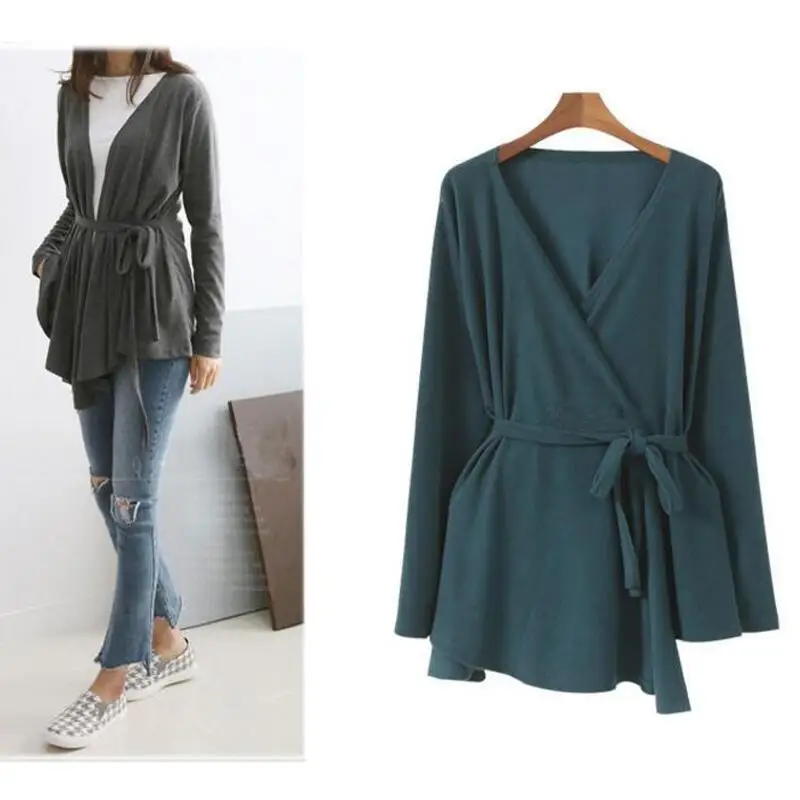 Женский трикотажный кардиган с асимметричным подолом и поясом|long sleeve kimono|blouses