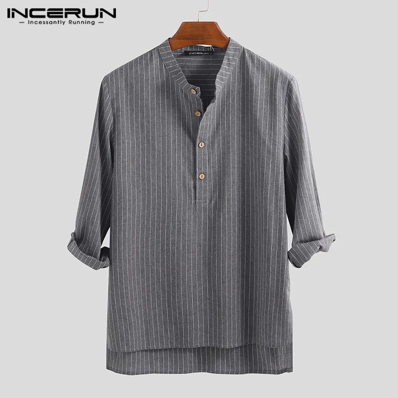 INCERUN/весенне-летняя однотонная Новая мужская рубашка с воротником-стойкой в полоску, модные футболки в повседневном стиле с рукавами в китайском стиле