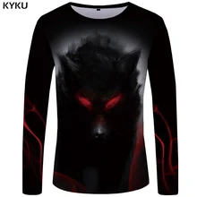 KYKU бренд волк Футболка мужская футболка с длинным рукавом глаз Графический крови печатных черный Прохладный Винтаж Япония хип хоп мужская одежда