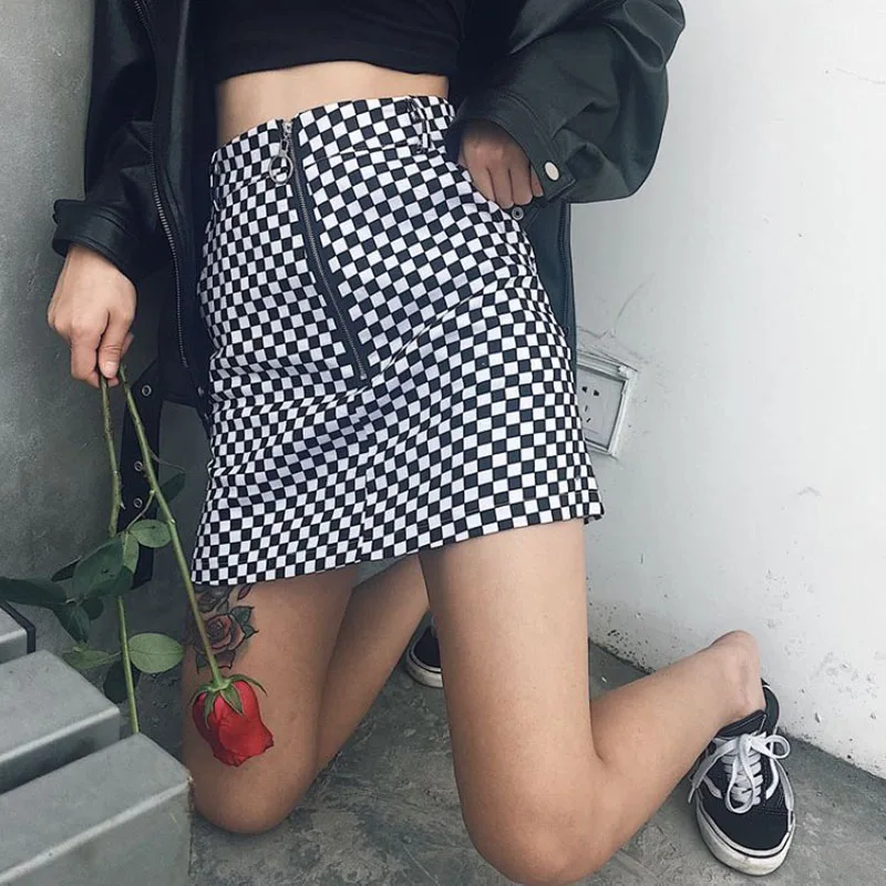 Nuevo Casual verano mujeres estilo japonés cremallera anillo A-line alta cintura Mini Faldas Mujer negro blanco teclado Plaid faldas