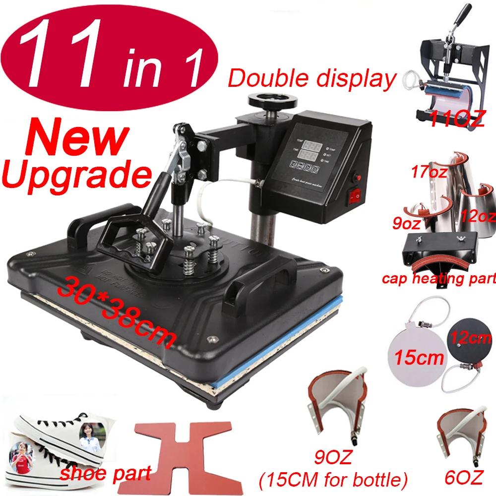 

Double Display 11 in 1 Combo Sublimation Heat Press Machine Thermal Heat Transfer Printer For Cap/ Mug/ Plate/Rock T-shirt