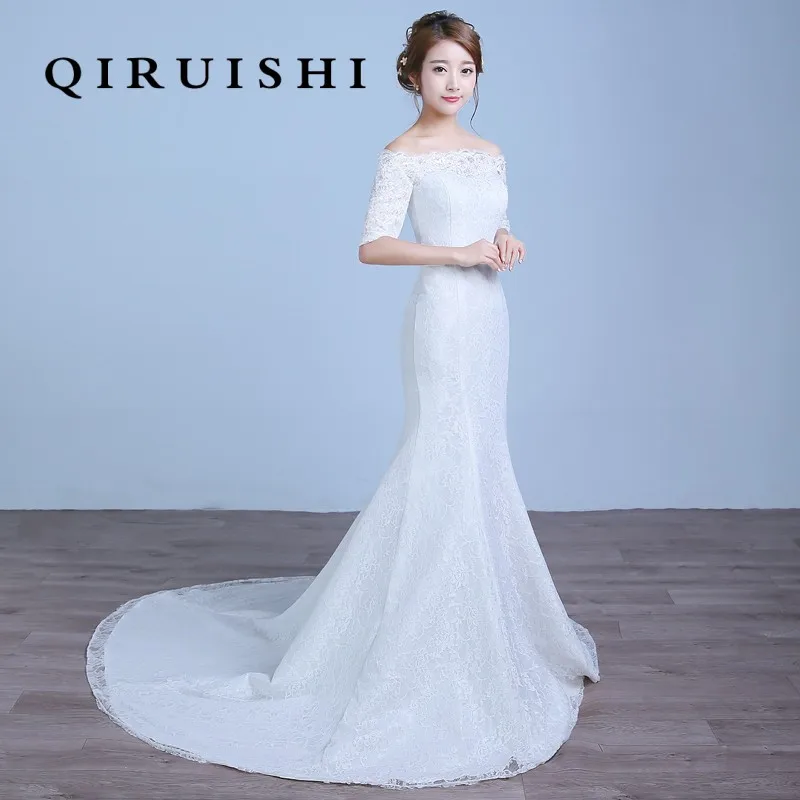 In stock cheap wedding 2017 new Short sleeve Boat Neck Lace Up Embroidery Floor-Length Small tailing 029 | Свадьбы и торжества