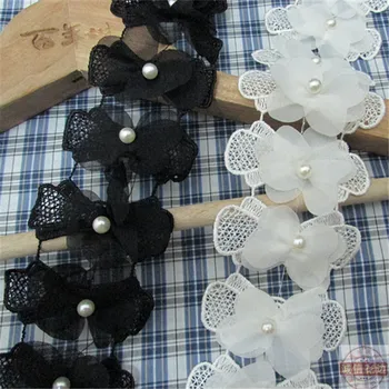 

100pieces Handmade Lace Flower Appliques with Pearl Small Flower Wedding Dress DIY Black/White Lace appliques