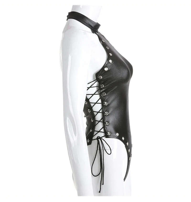 2019 Wetlook Women's Halter Sleeveless High Cut Open Crotch Bodysuit Hot Faux Leather PVC Latex Corn Side edge Frenulum Catsuit  (1)
