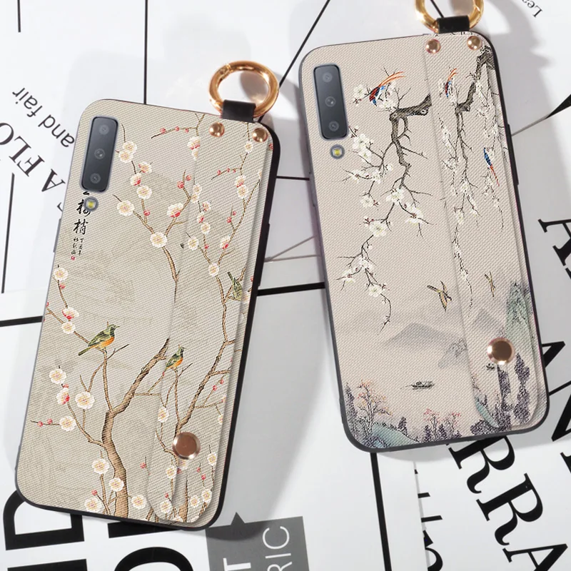 

3D Embossed Flowers Case For Samsung Galaxy A7 2017 Hand Cover Wrist Strap Cases For Samsung Galaxy A7 2018 Capa Stand Coque
