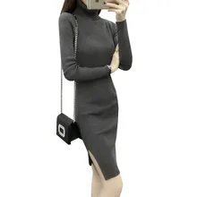 New Autumn Winter Sweater Dress Slim Split Turtleneck Long Knitted Dresses Lady Sexy Elastic Bodycon Robe