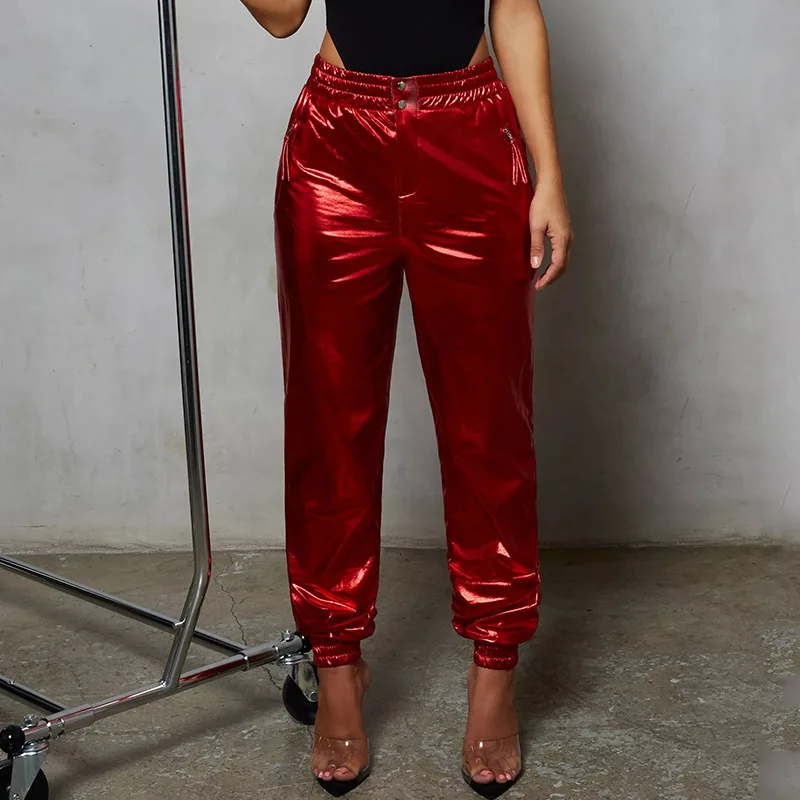 

NCLAGEN 2019 New Arrivals High Waist PU Sweat Pants Women Sexy Pockets Pants Mujer Streetwear Capris Cargo Hip Hop Trousers