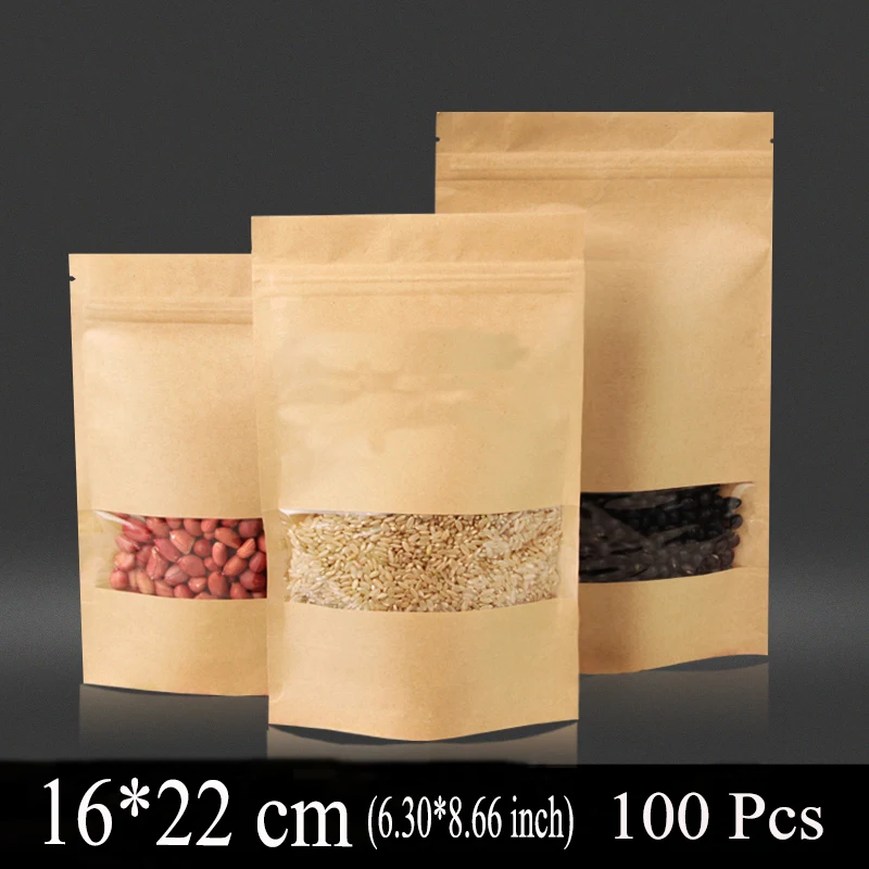 16*22cm (6.30*8.66inch) 100Pcs NEW Kraft Paper Bag Zip Lock Bags For
